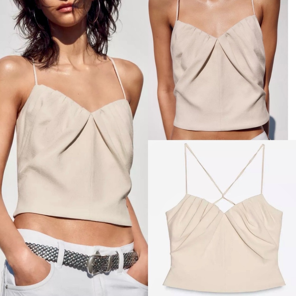 Zara NWT cream ivory ruched detail strappy top with zipper back - linen top